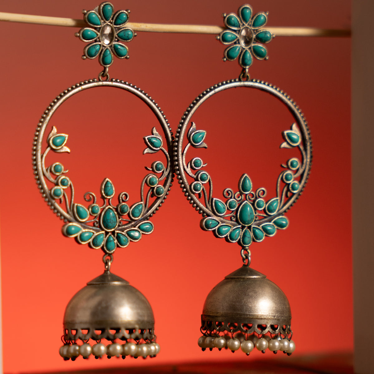 BINAL BIJOUX PREMIUM FAUX SILVER ANTIQUE SEMI HANDMADE  EARRINGS/JHUMKAS ER745