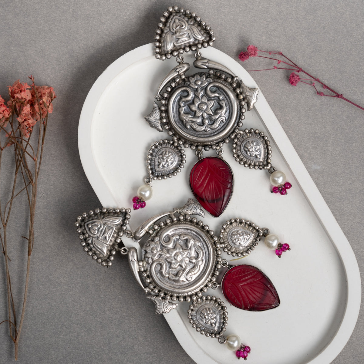 BHAVYA FAUX SILVER RAW AND RUSTIC HANDMADE CARVING STONE EARRINGS/JHUMKAS ER737