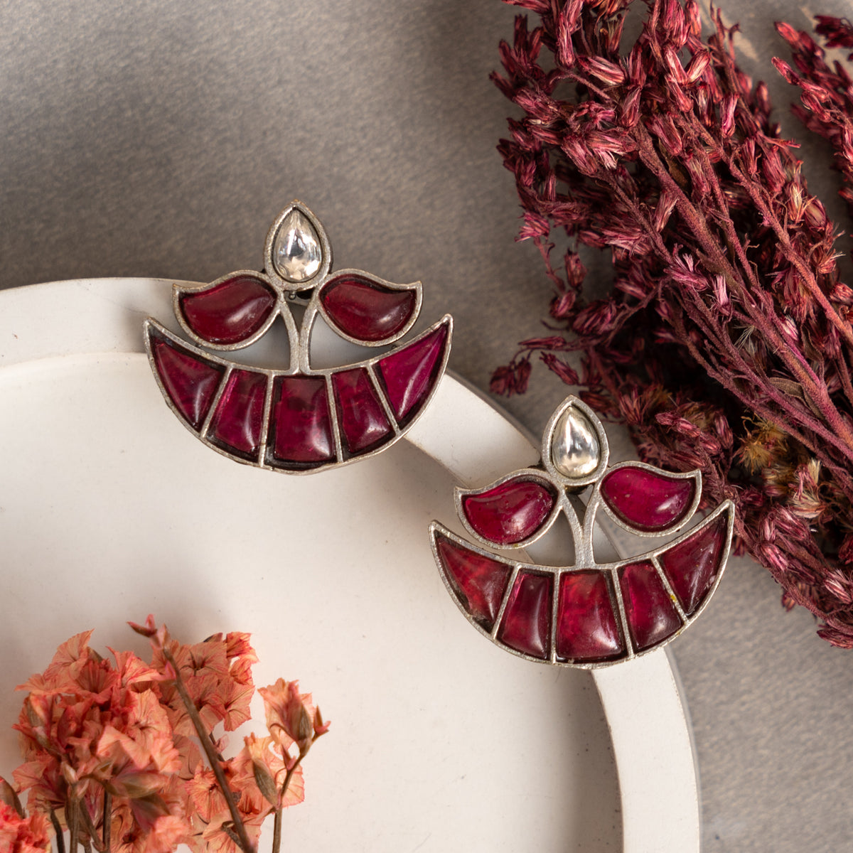 LIMA FAUX SILVER SEMI HANDMADE STUDS EARRINGS ER679