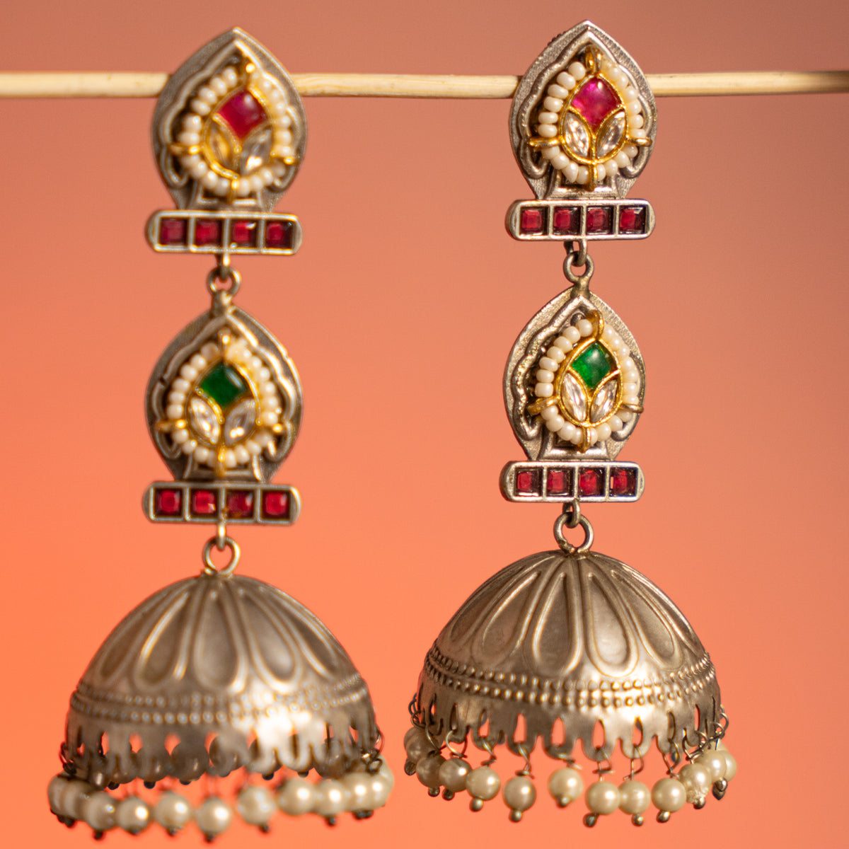 DAKSHA FAUX SILVER ANTIQUE SEMI HANDMADE EARRINGS/JHUMKAS ER752