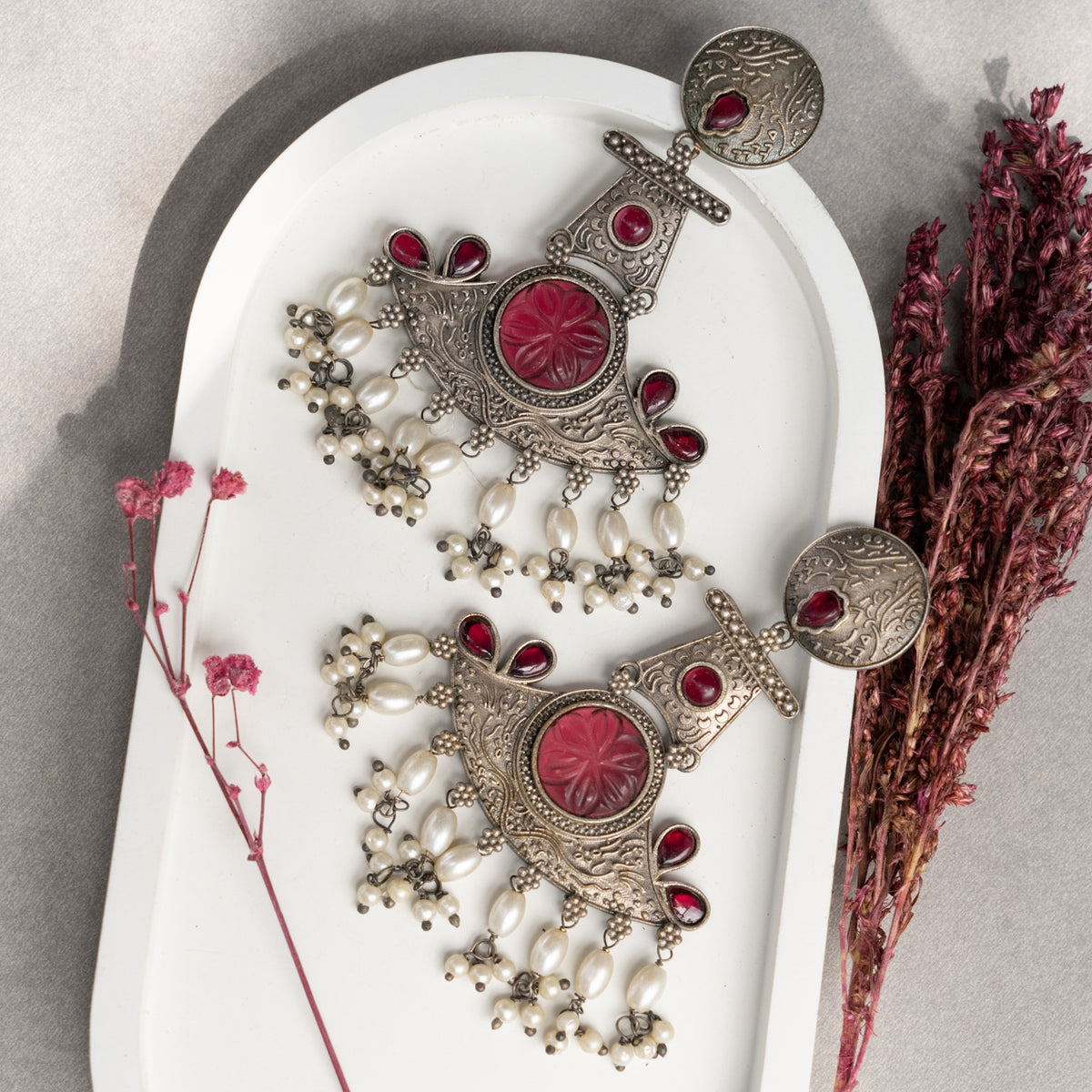 CHARU FAUX SILVER SEMI HANDMADE ANTIQUE  EARRINGS ER758