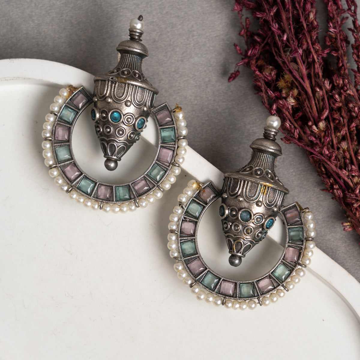 CALLIOPE FAUX SILVER ANTIQUE SEMI HANDMADE EARRINGS ER776