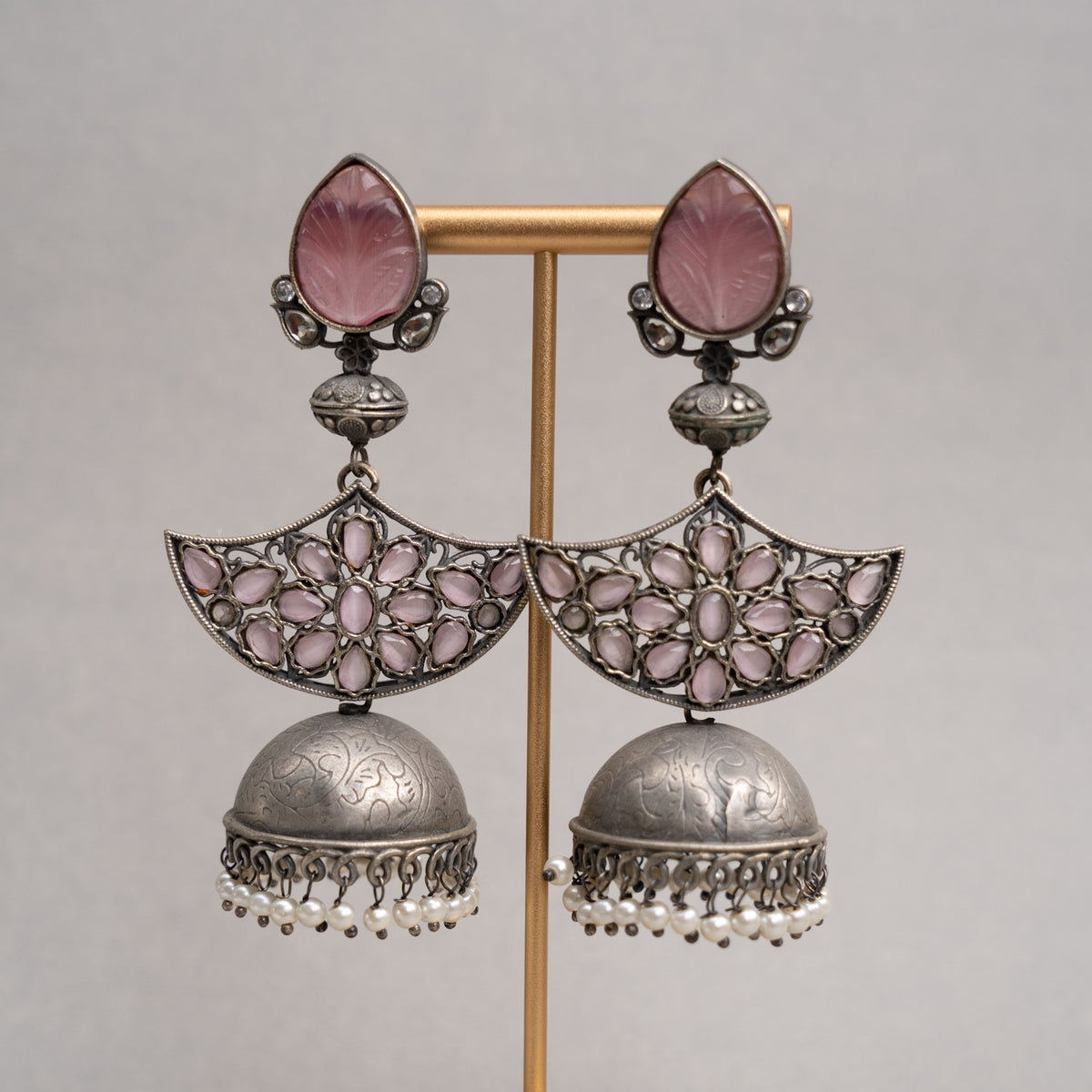 AALIA FAUX SILVER SEMI HANDMADE RAW AND RUSTIC CARVING STONE EARRINGS/JHUMKAS ER732