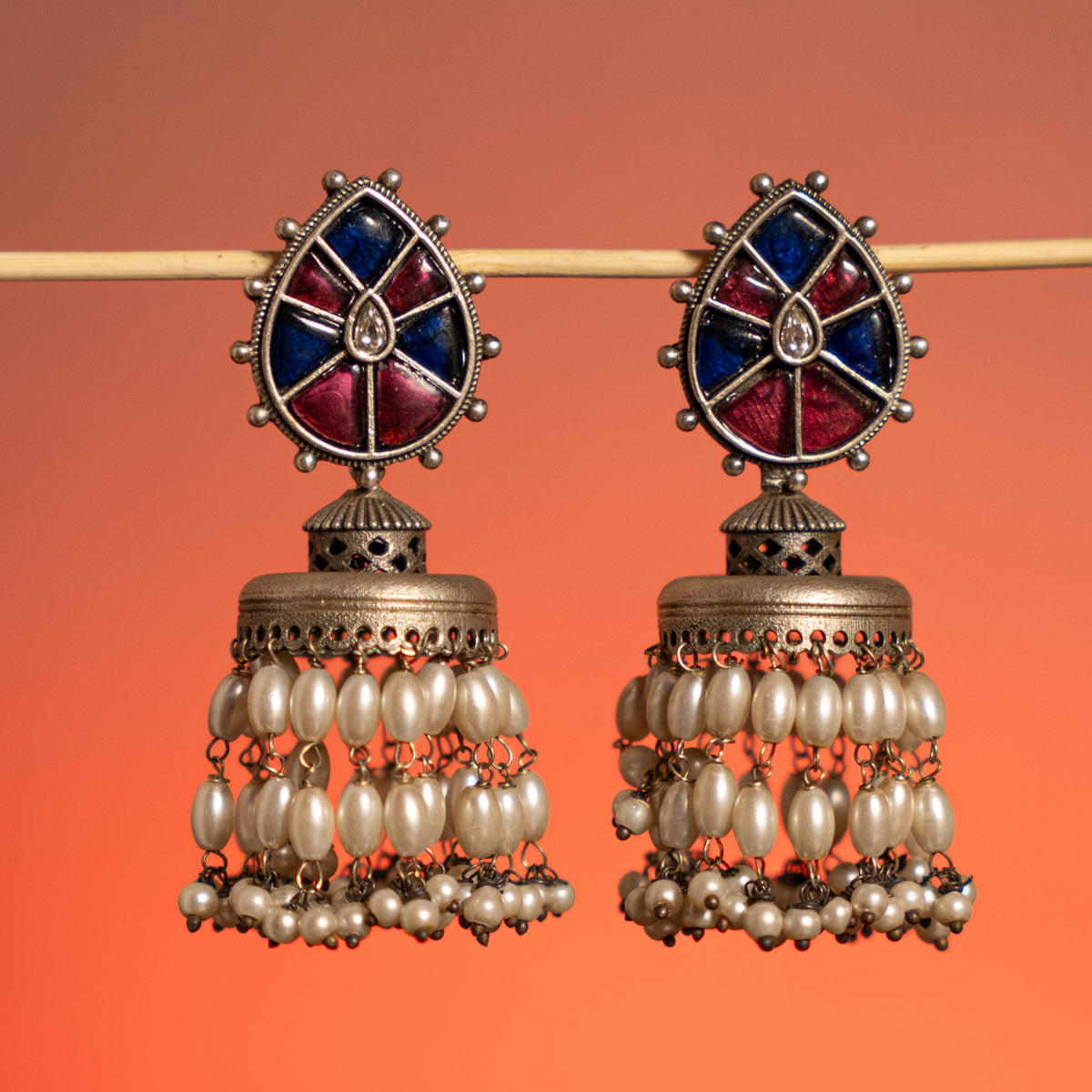 DAMINI FAUX SILVER ANTIQUE SEMI HANDMADE  EARRINGS/JHUMKAS ER753