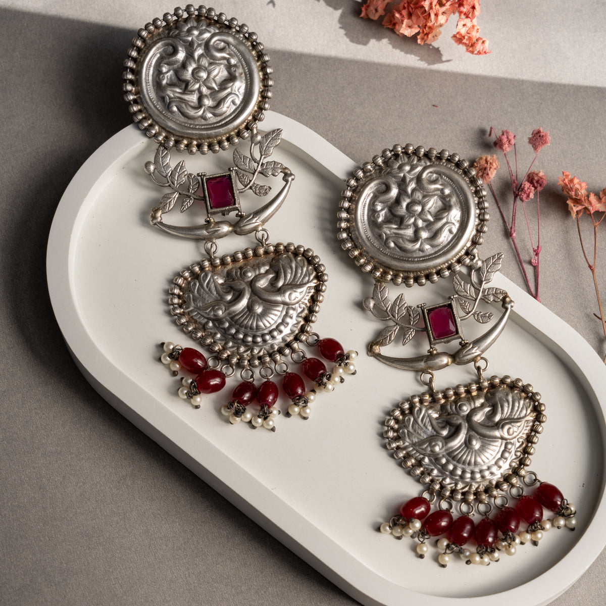 DEVANSHI FAUX SILVER ANTIQUE SEMI HANDMADE EARRINGS ER755