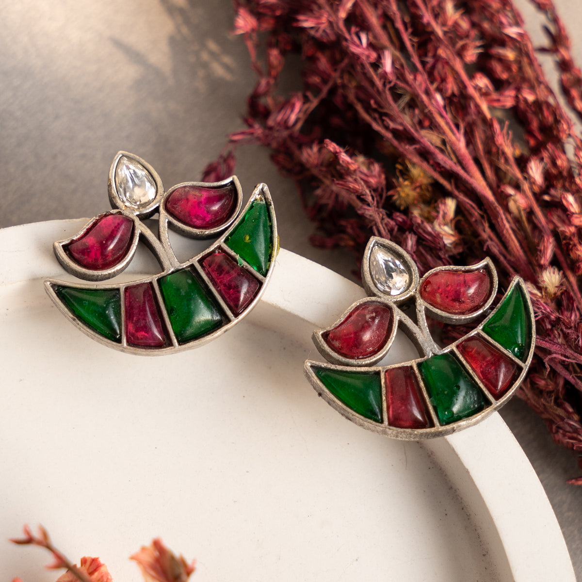 LIMA FAUX SILVER SEMI HANDMADE STUDS EARRINGS ER679