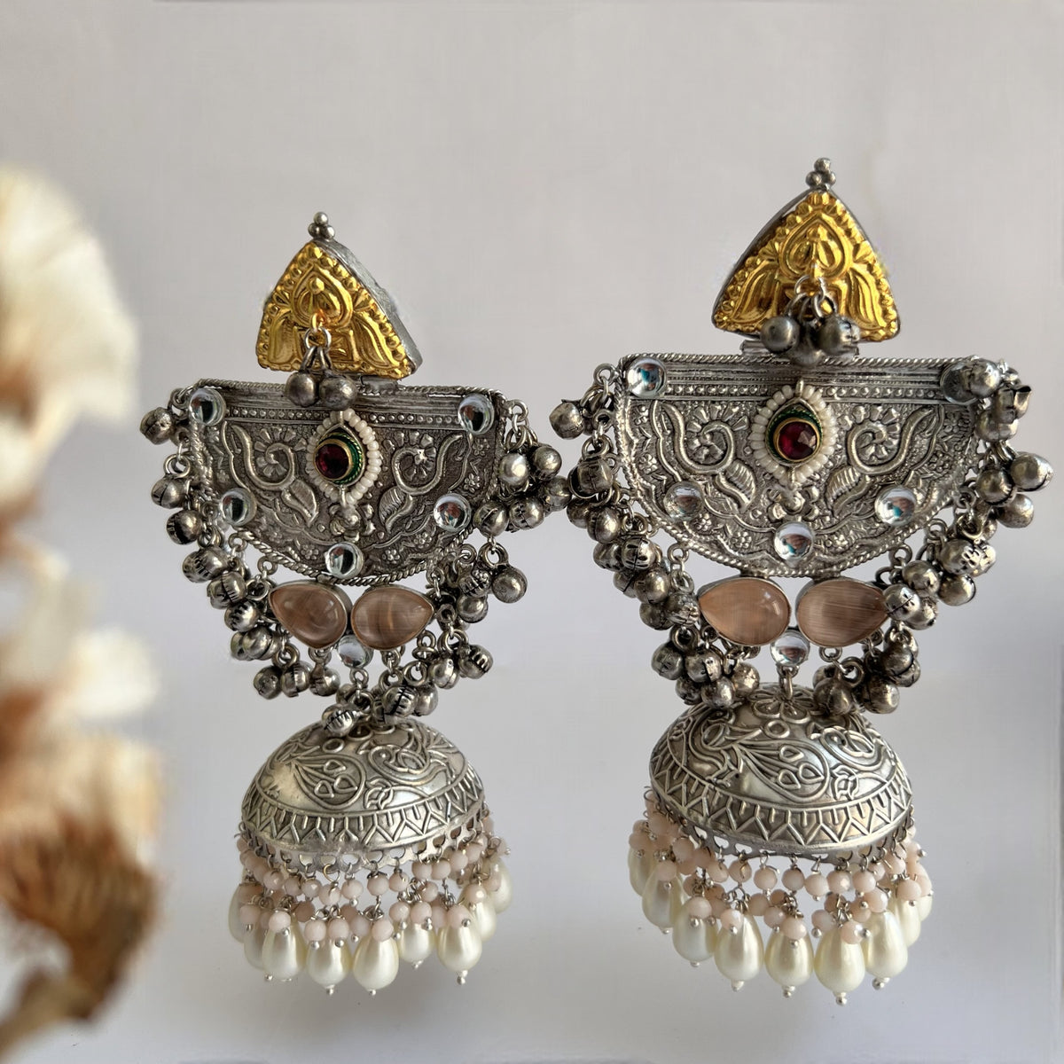 ÉLIRA SILVER LOOK ALIKE HAND HAMMERED DUAL TONED JUMBO JHUMKA ER558