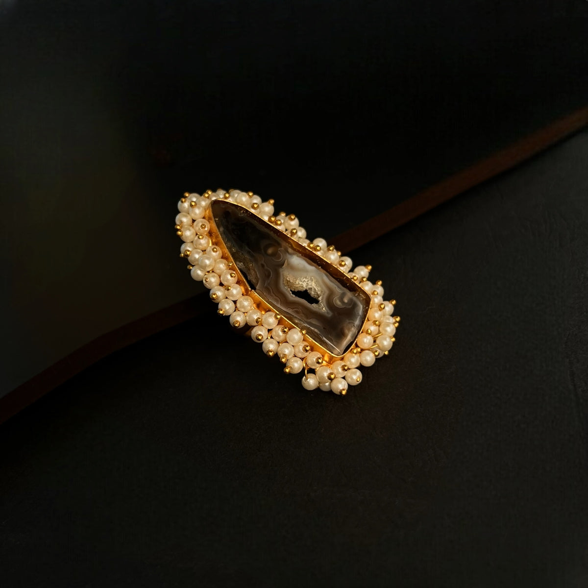 CIEL  AGATE PEARL WORK GOLD TONED RING R17