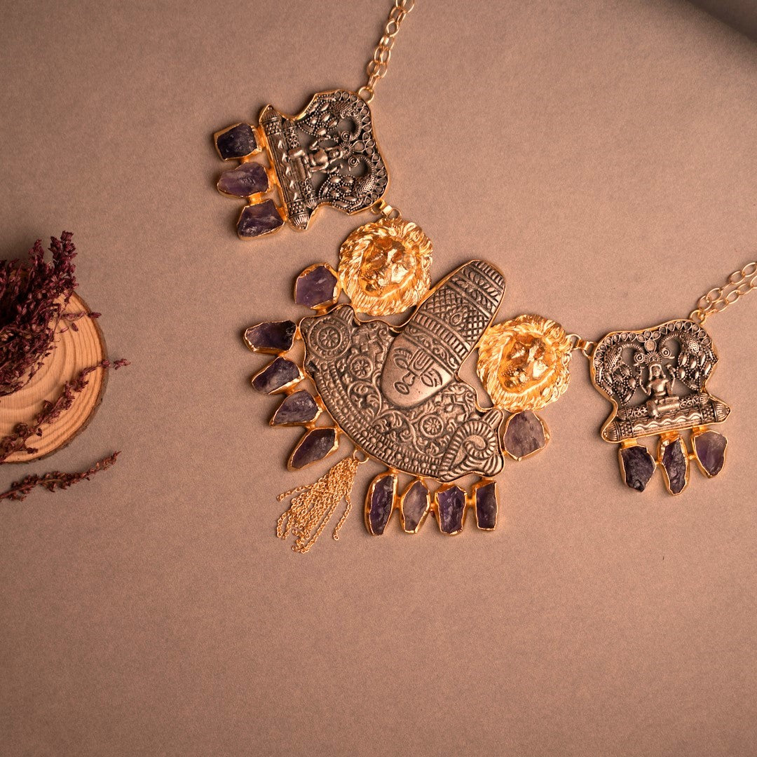 RISHARA BIJOUX EXCLUSIVE HANDMADE RAW STONE DUAL TONED TEMPLE NECKLACE NL246