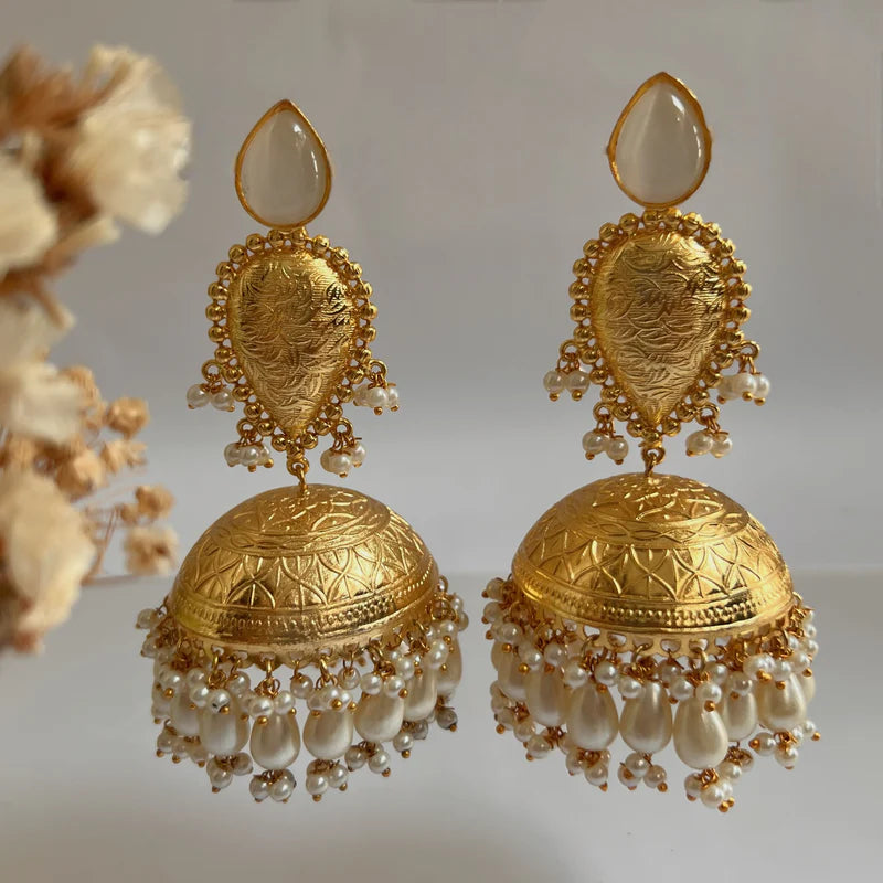 MALAVINA GOLD TONE HANDMADE MONALISA STONE EARRINGS/JHUMKAS ER577