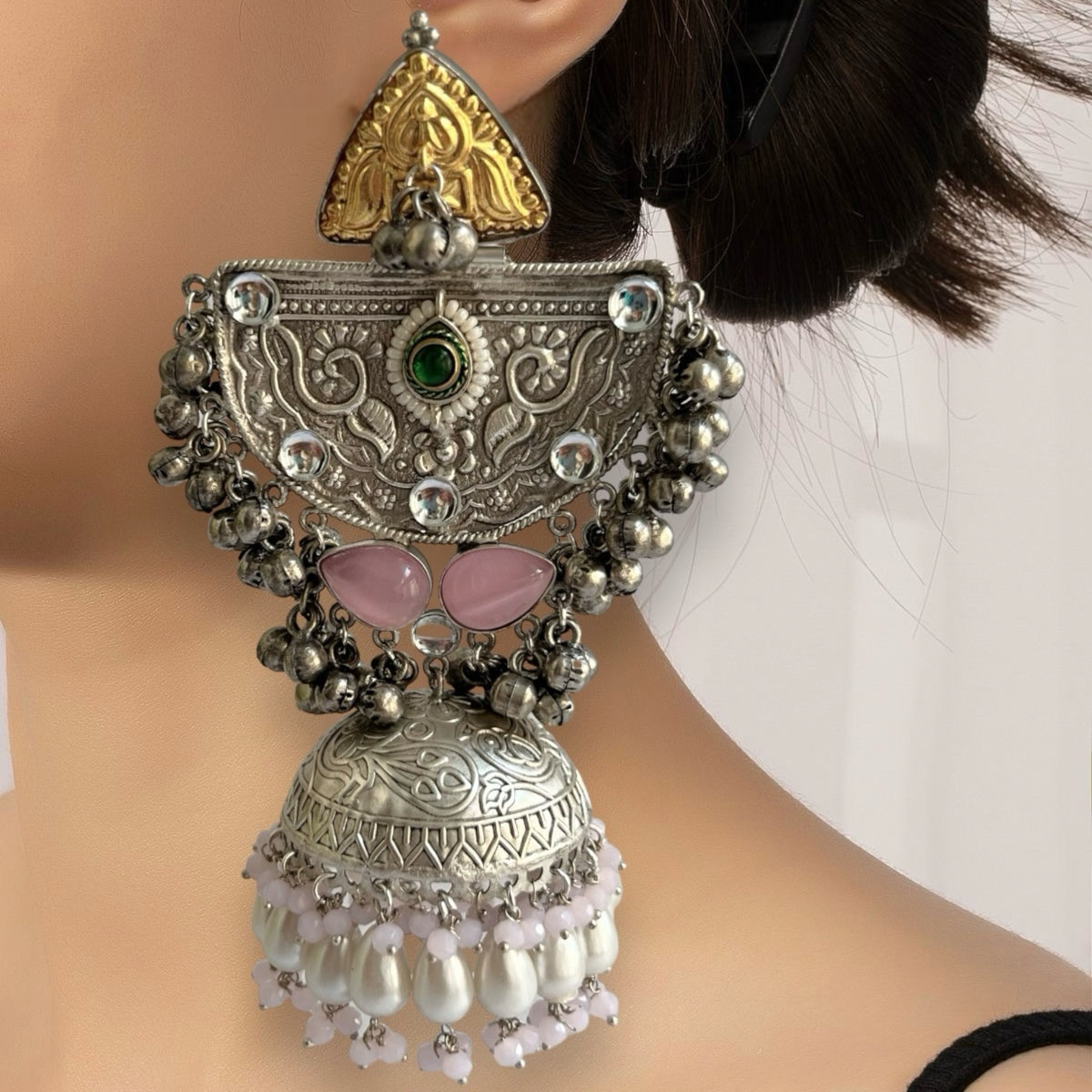 ÉLIRA SILVER LOOK ALIKE HAND HAMMERED DUAL TONED JUMBO JHUMKA ER558