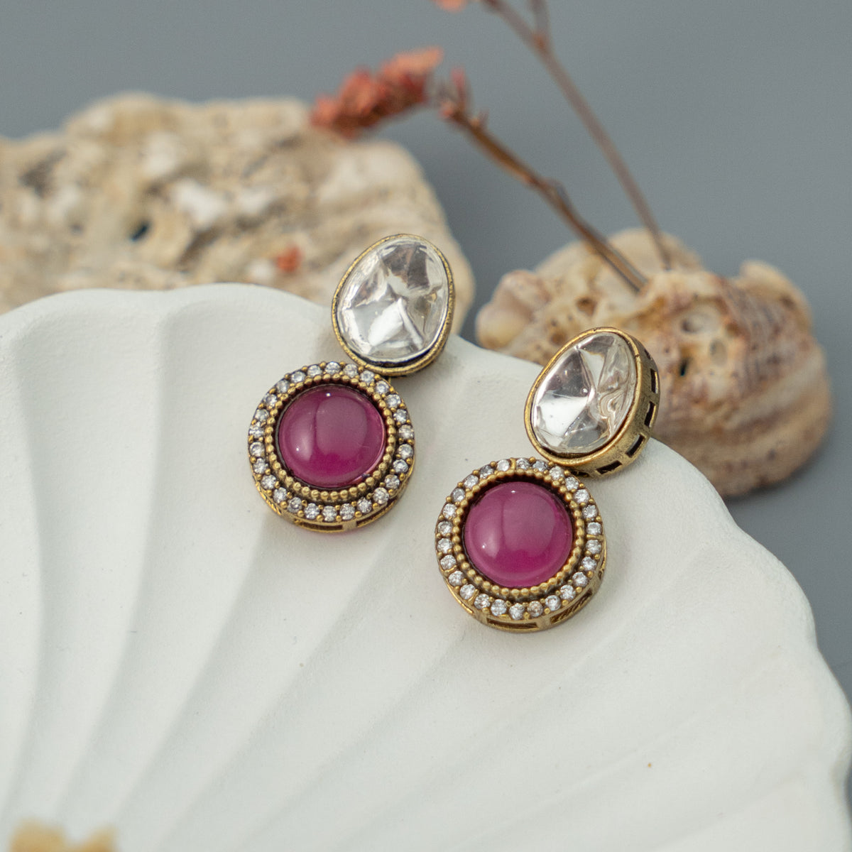 BELLA POLKI MONALISA STONE SEMI HANDMADE EARRING/STUD ER918