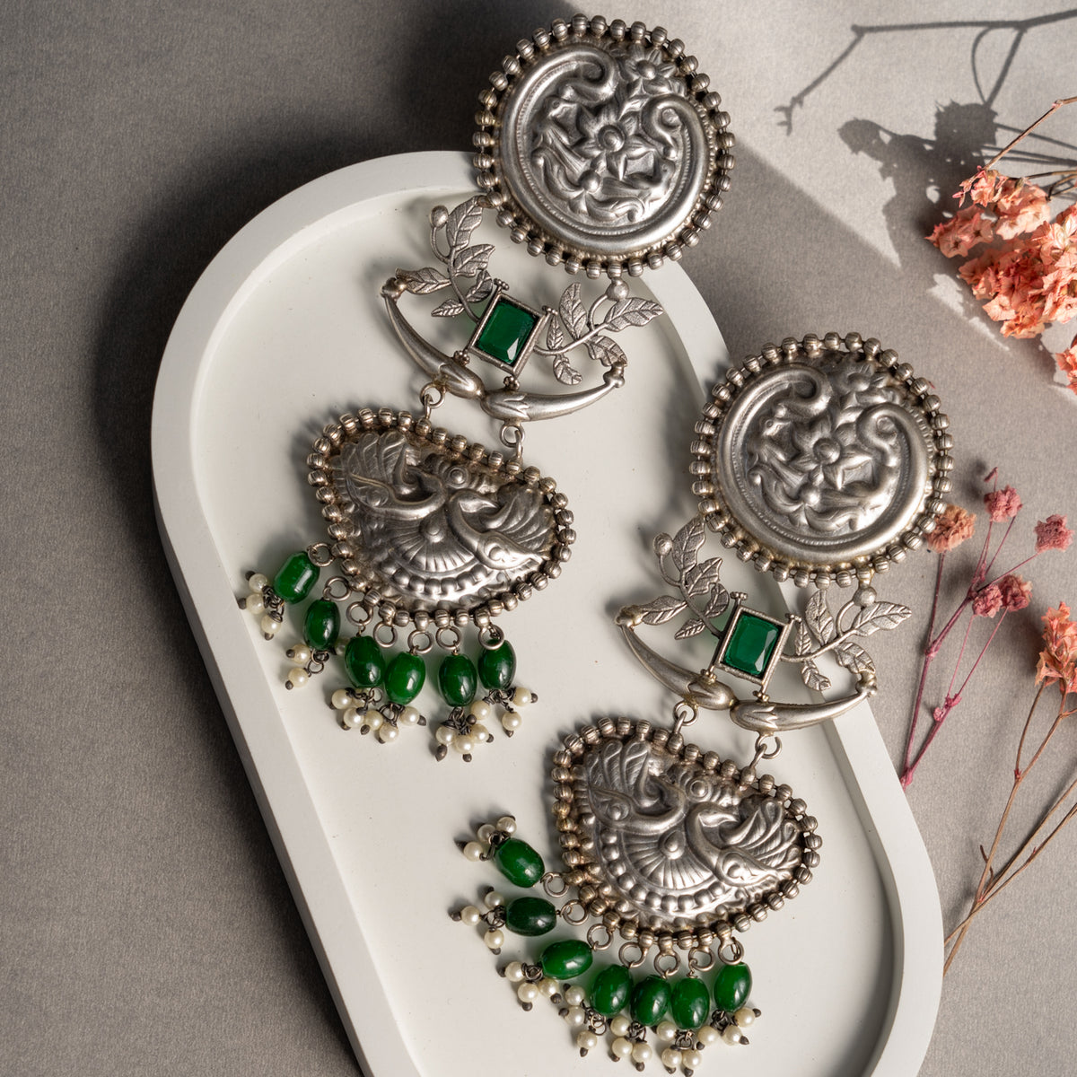 DEVANSHI FAUX SILVER ANTIQUE SEMI HANDMADE EARRINGS ER755