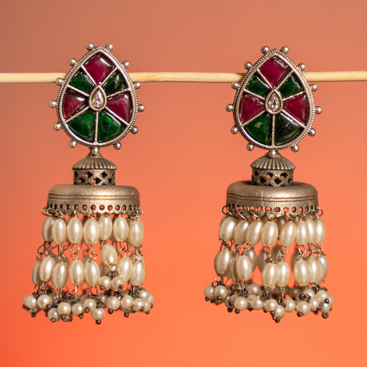 DAMINI FAUX SILVER ANTIQUE SEMI HANDMADE  EARRINGS/JHUMKAS ER753