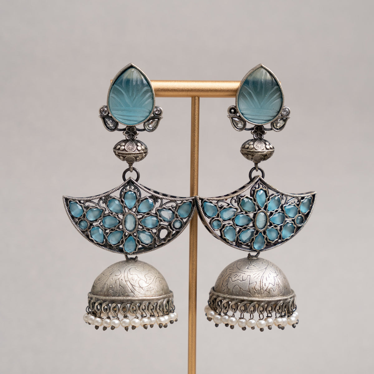 AALIA FAUX SILVER SEMI HANDMADE RAW AND RUSTIC CARVING STONE EARRINGS/JHUMKAS ER732