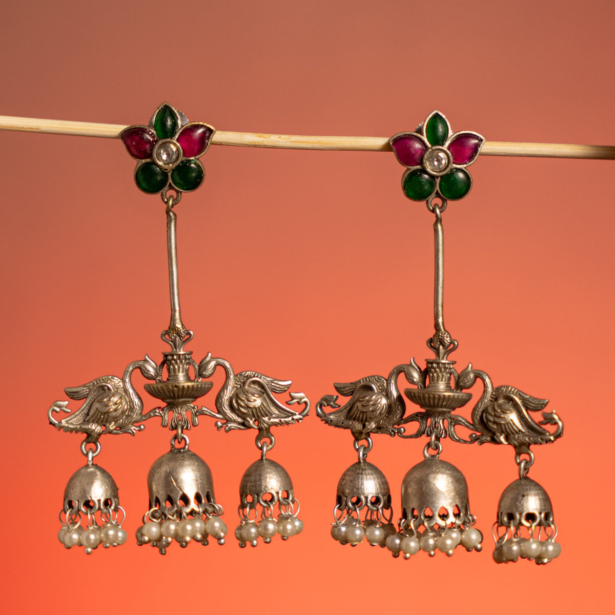 MEEASH FAUX SILVER ANTIQUE SEMI HANDMADE EARRINGS/JHUMKAS ER756