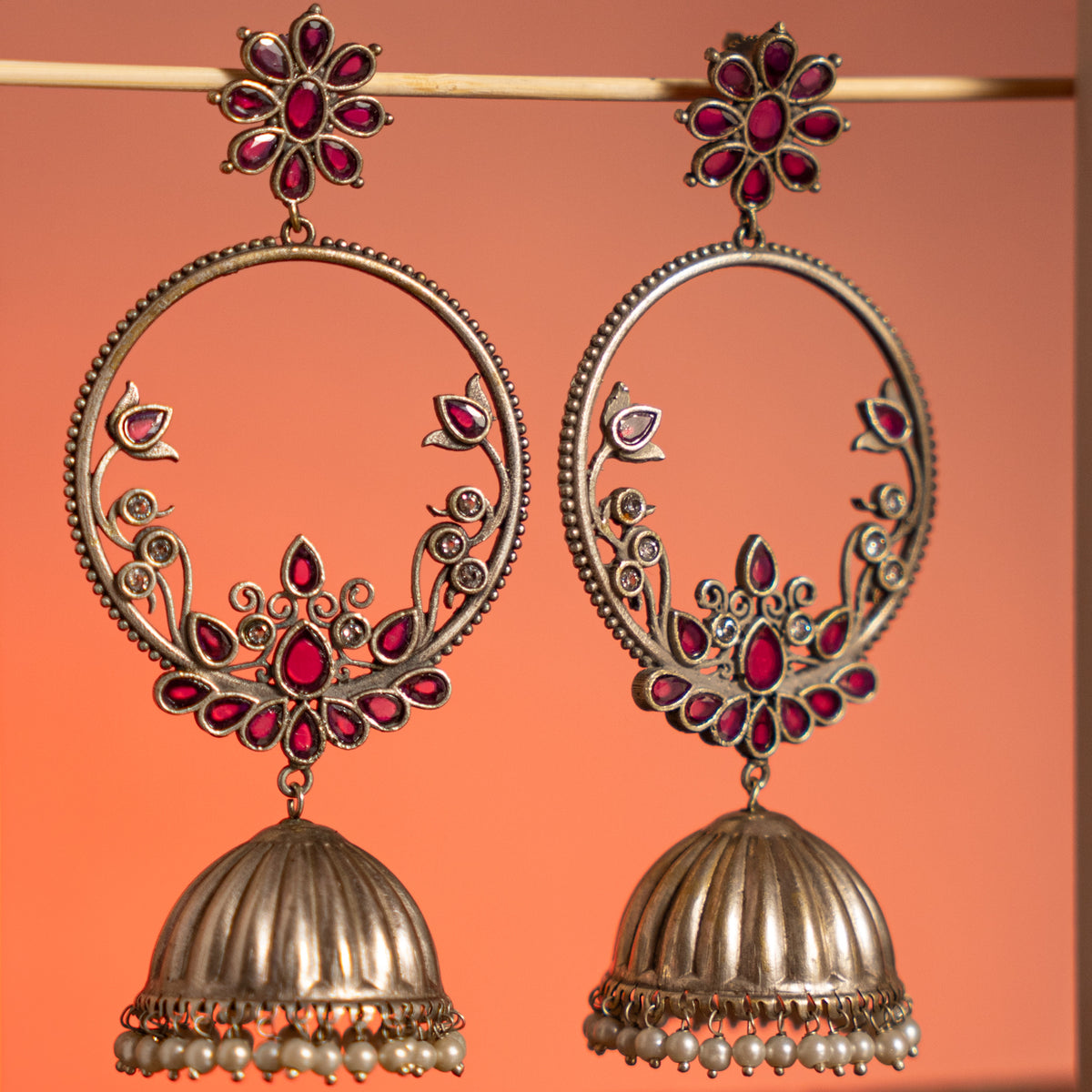 BINAL BIJOUX PREMIUM FAUX SILVER ANTIQUE SEMI HANDMADE  EARRINGS/JHUMKAS ER745