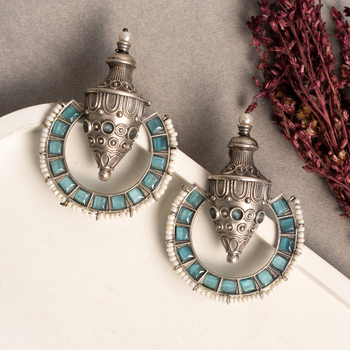 CALLIOPE FAUX SILVER ANTIQUE SEMI HANDMADE EARRINGS ER776