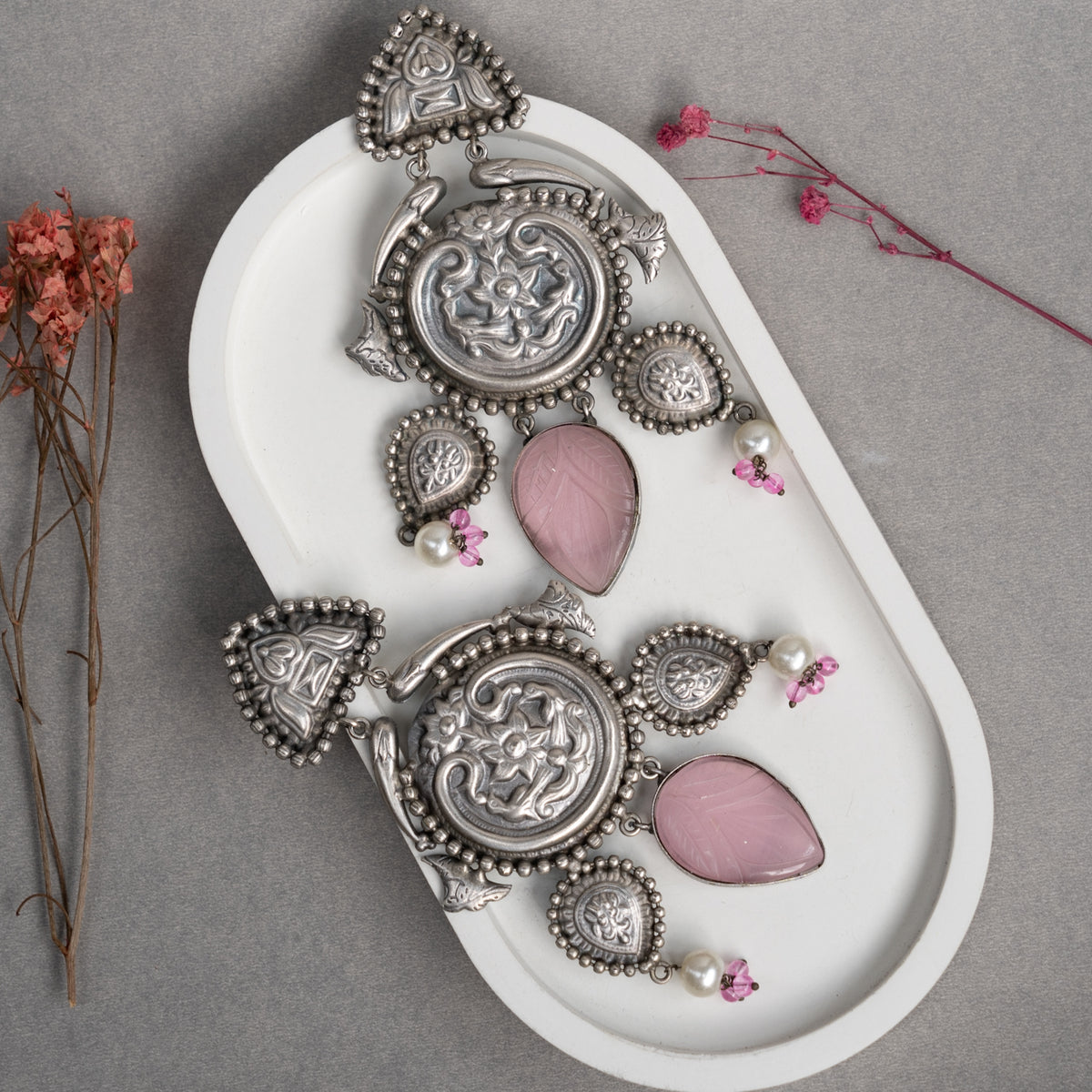 BHAVYA FAUX SILVER RAW AND RUSTIC HANDMADE CARVING STONE EARRINGS/JHUMKAS ER737