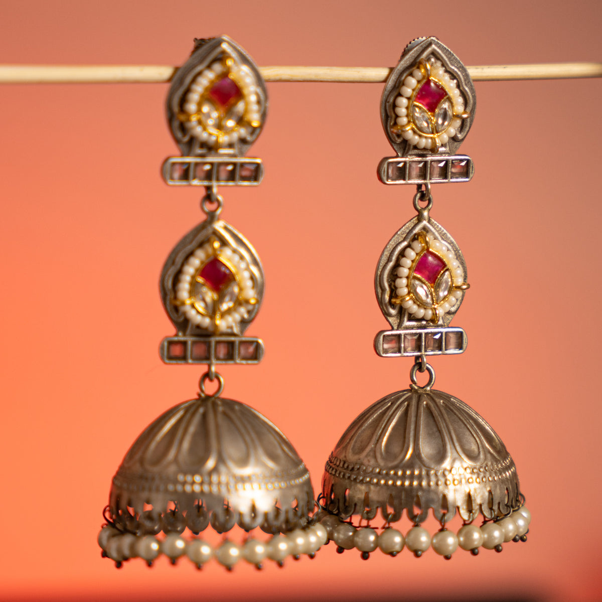 DAKSHA FAUX SILVER ANTIQUE SEMI HANDMADE EARRINGS/JHUMKAS ER752