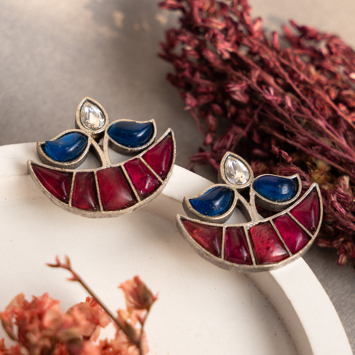 LIMA FAUX SILVER SEMI HANDMADE STUDS EARRINGS ER679