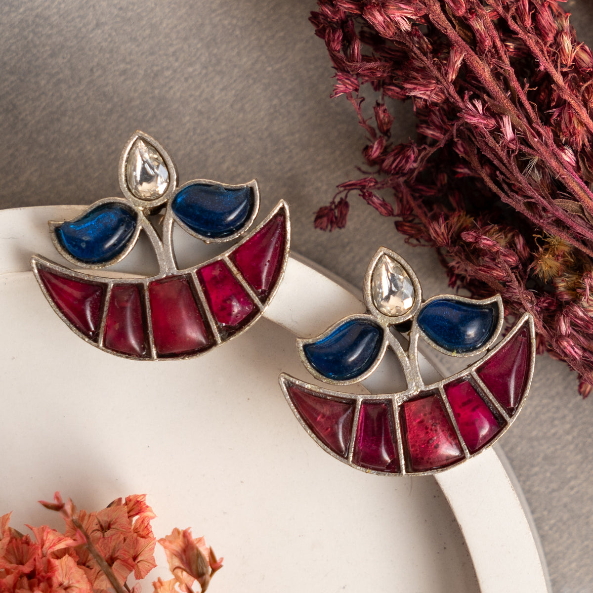 LIMA FAUX SILVER SEMI HANDMADE STUDS EARRINGS ER679