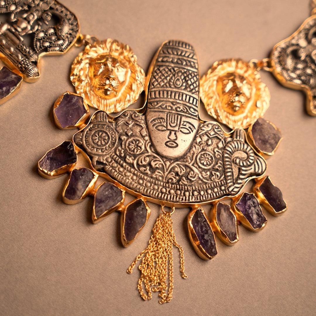 RISHARA BIJOUX EXCLUSIVE HANDMADE RAW STONE DUAL TONED TEMPLE NECKLACE NL246