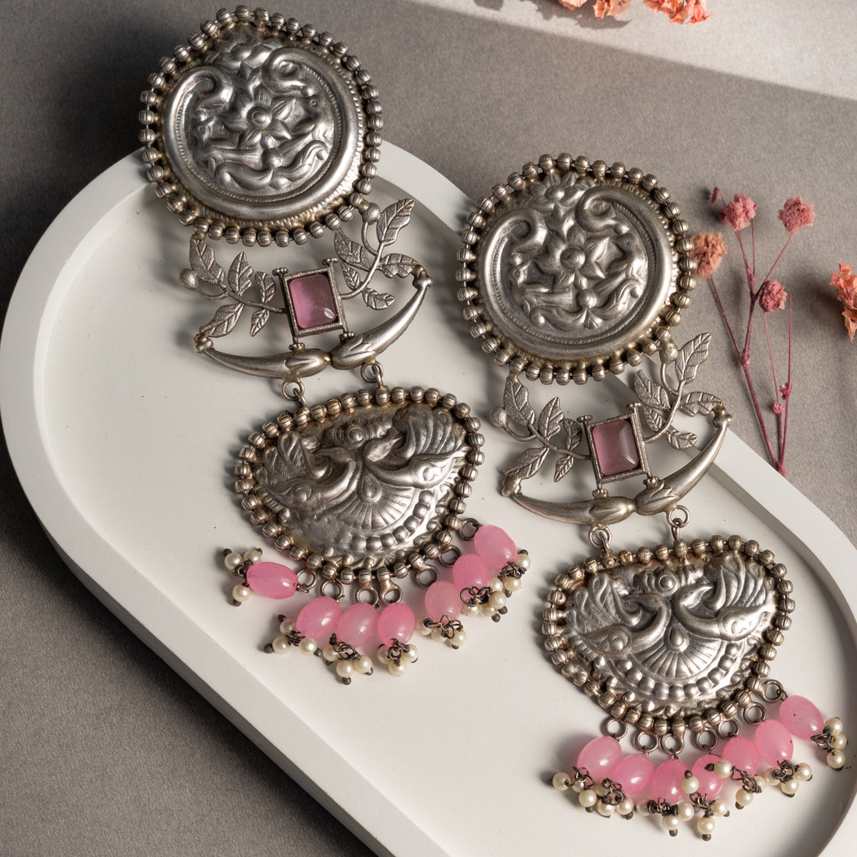 DEVANSHI FAUX SILVER ANTIQUE SEMI HANDMADE EARRINGS ER755