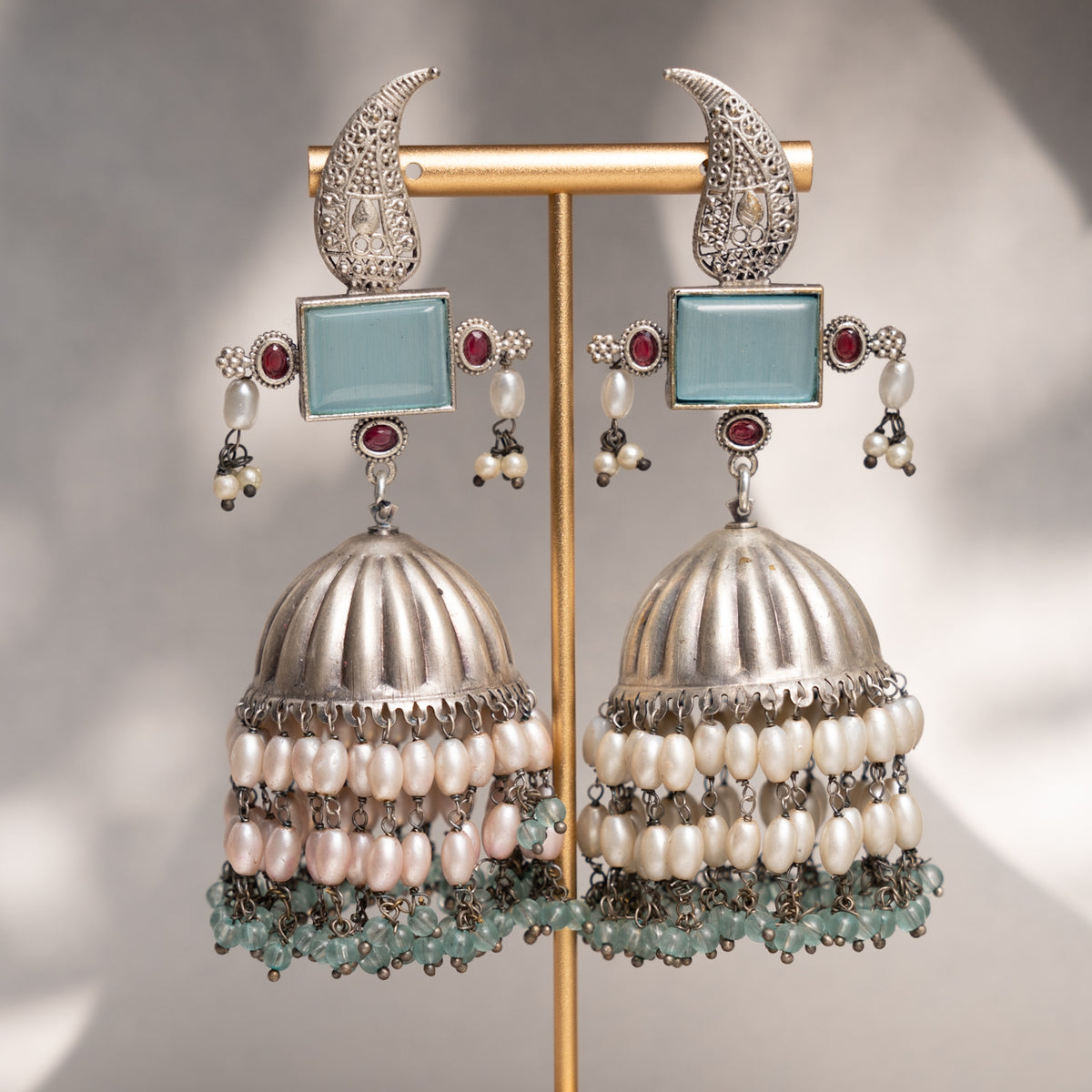 FALAK FAUX SILVER ANTIQUE SEMI HANDMADE EARRINGS/ JHUMKAS ER763