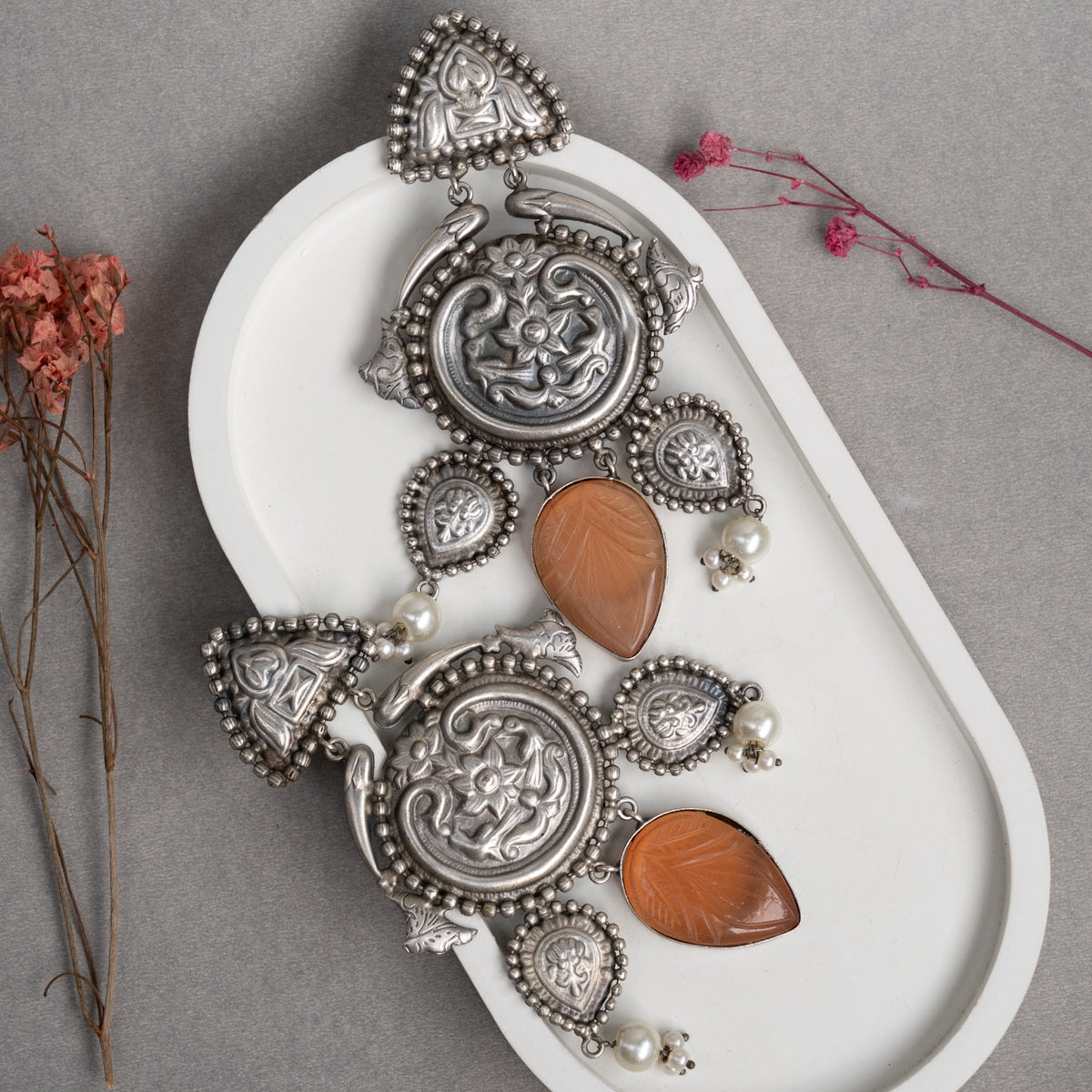 BHAVYA FAUX SILVER RAW AND RUSTIC HANDMADE CARVING STONE EARRINGS/JHUMKAS ER737