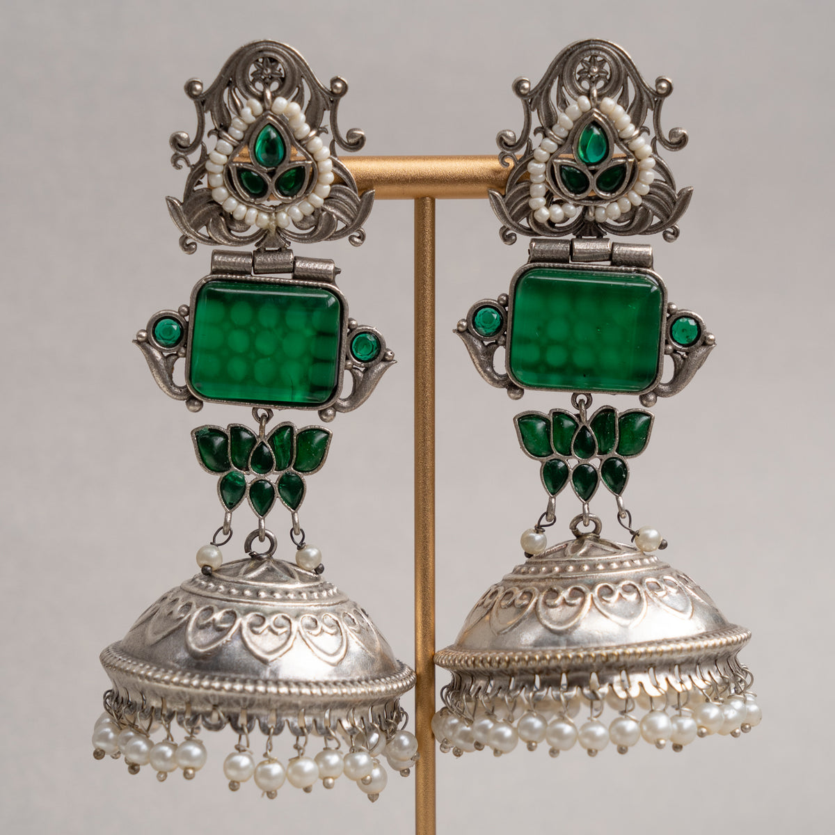 KASHVI BIJOUX PREMIUM FAUX SILVER RAW AND RUSTIC HANDMADE MONALISA STONE EARRINGS/JHUMKAS ER738