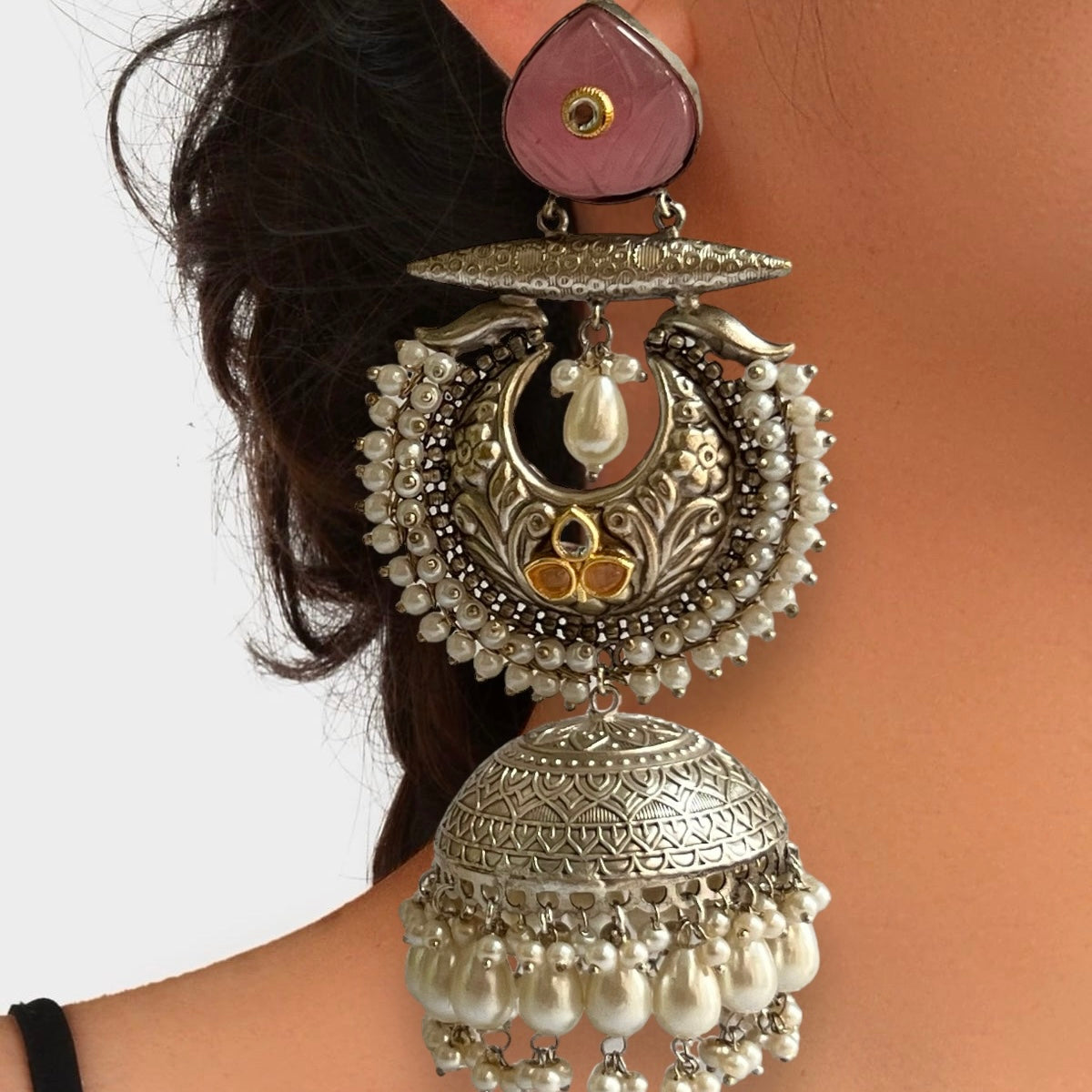 ALMAZ SILVER LOOK ALIKE DUAL-TONED SILVER POLISH HANDMADE JHUMKA ER560