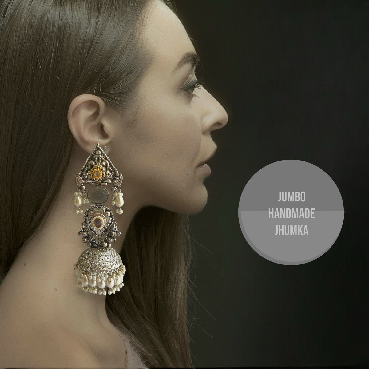 KRITHI SILVER LOOK ALIKE DUAL-TONED SILVER POLISH HANDMADE JUMBO JHUMKA ER572