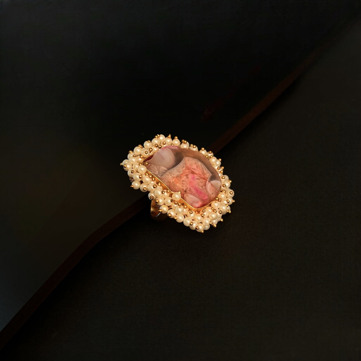 CIEL  AGATE PEARL WORK GOLD TONED RING R17