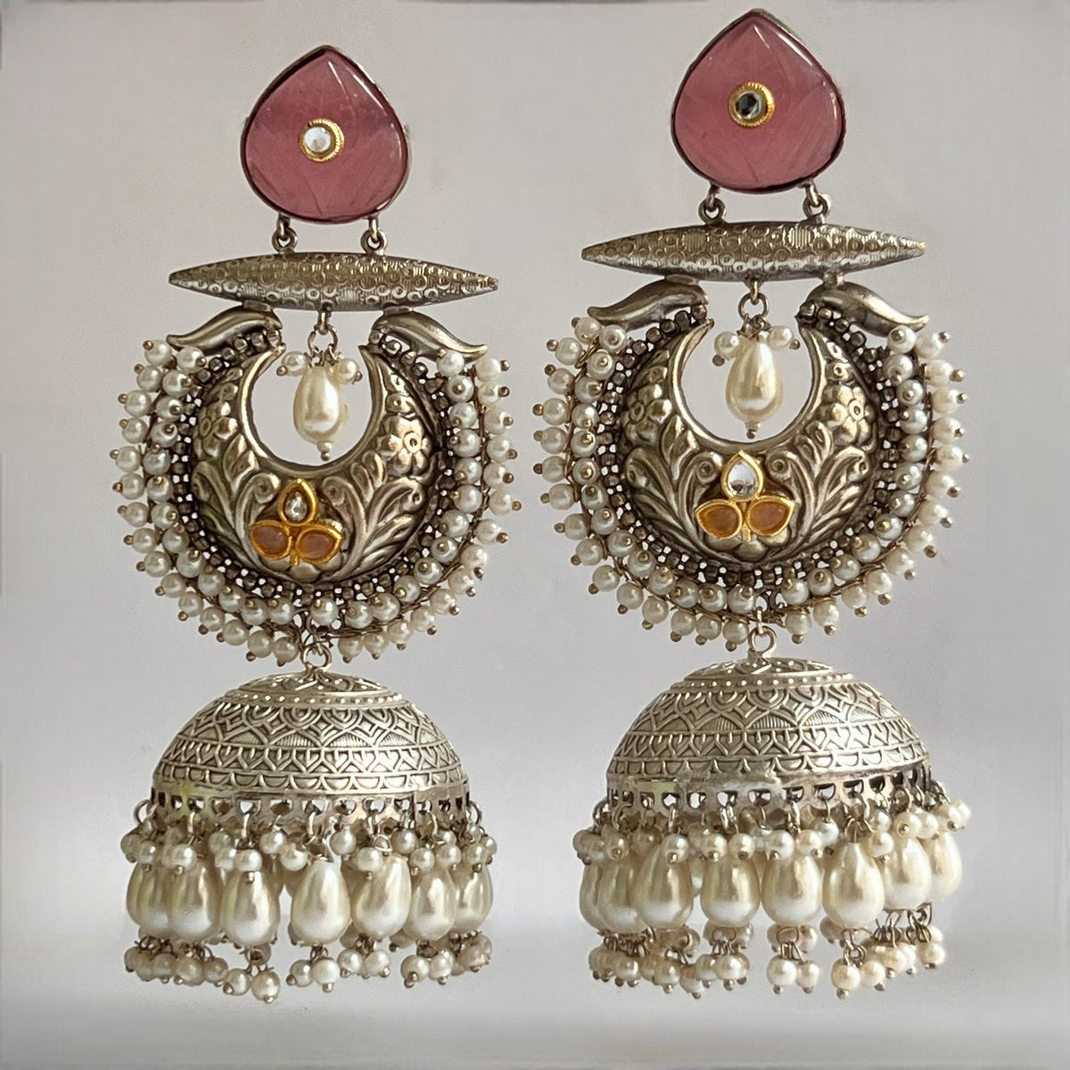 ALMAZ SILVER LOOK ALIKE DUAL-TONED SILVER POLISH HANDMADE JHUMKA ER560