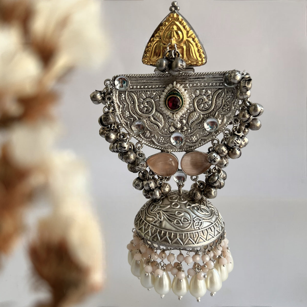 ÉLIRA SILVER LOOK ALIKE HAND HAMMERED DUAL TONED JUMBO JHUMKA ER558