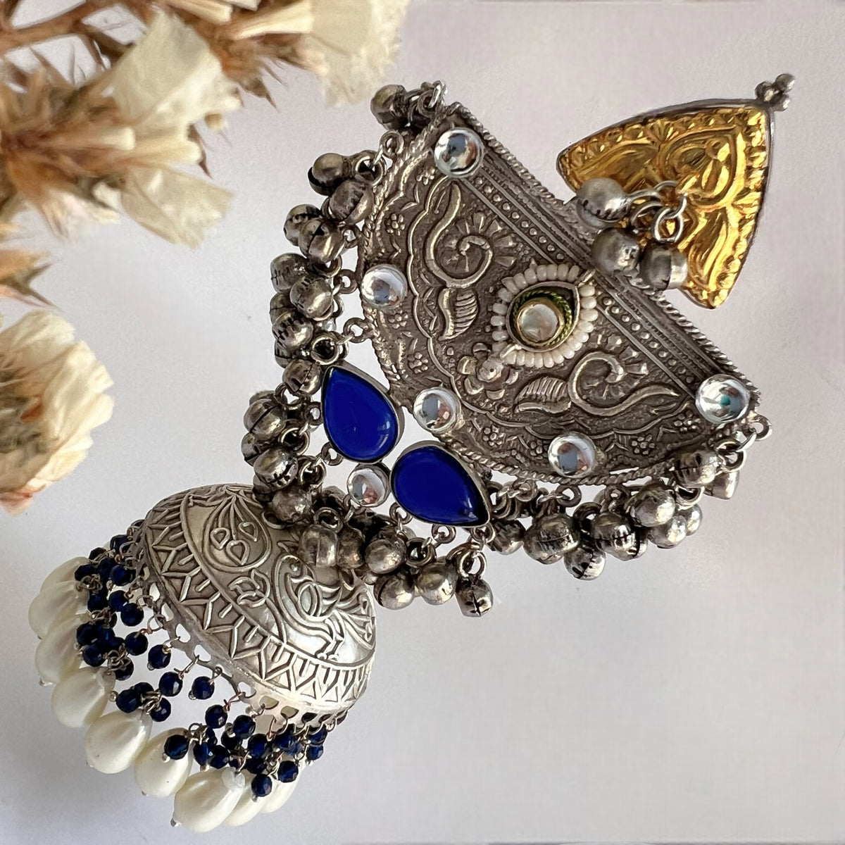 ÉLIRA SILVER LOOK ALIKE HAND HAMMERED DUAL TONED JUMBO JHUMKA ER558