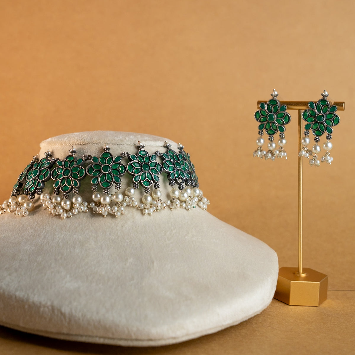 ATHENA BIJOUX PREMIUM SEMI HANDMADE ANTIQUE FAUX SILVER NECKPIECE/NECKLACE EARRINGS NL217