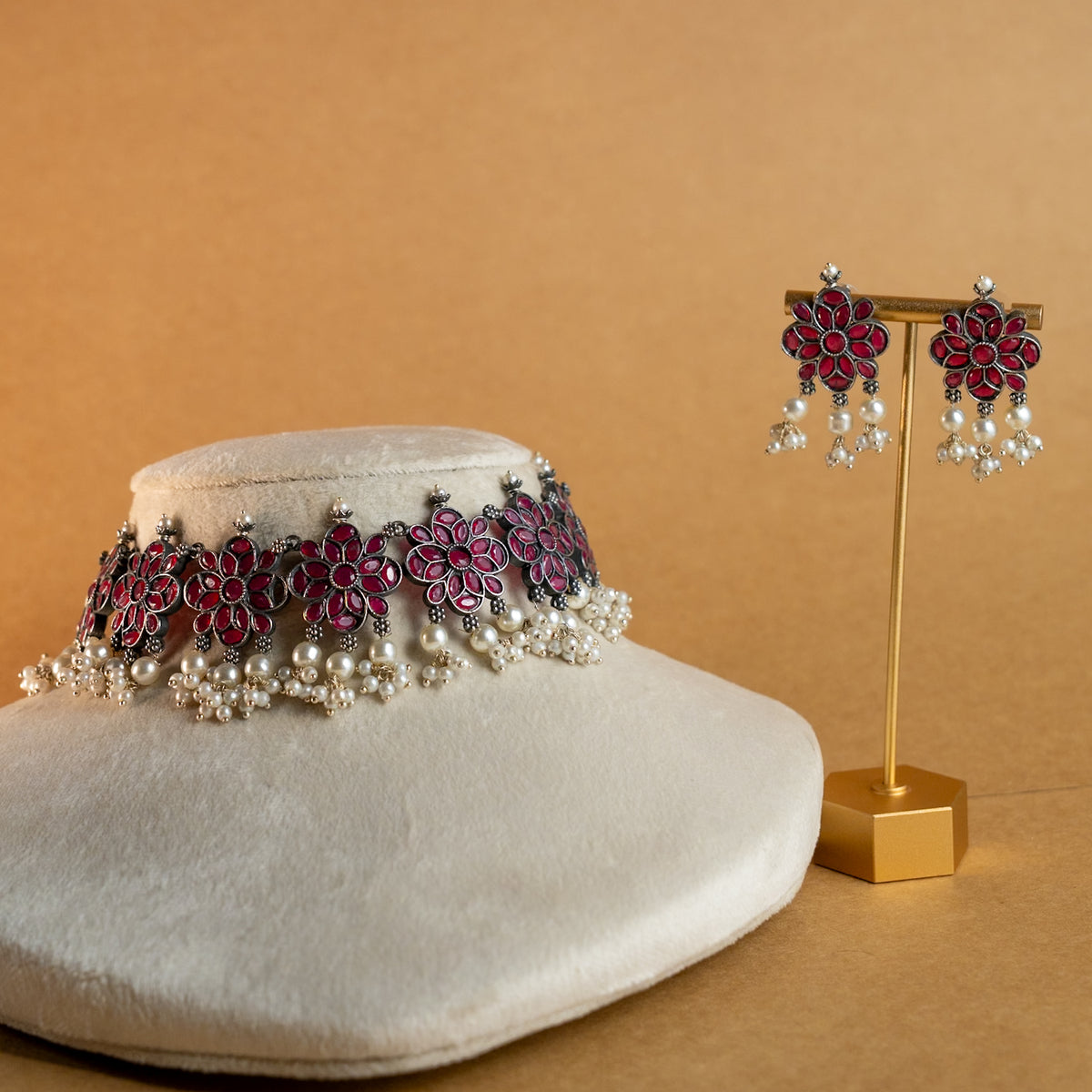 ATHENA BIJOUX PREMIUM SEMI HANDMADE ANTIQUE FAUX SILVER NECKPIECE/NECKLACE EARRINGS NL217