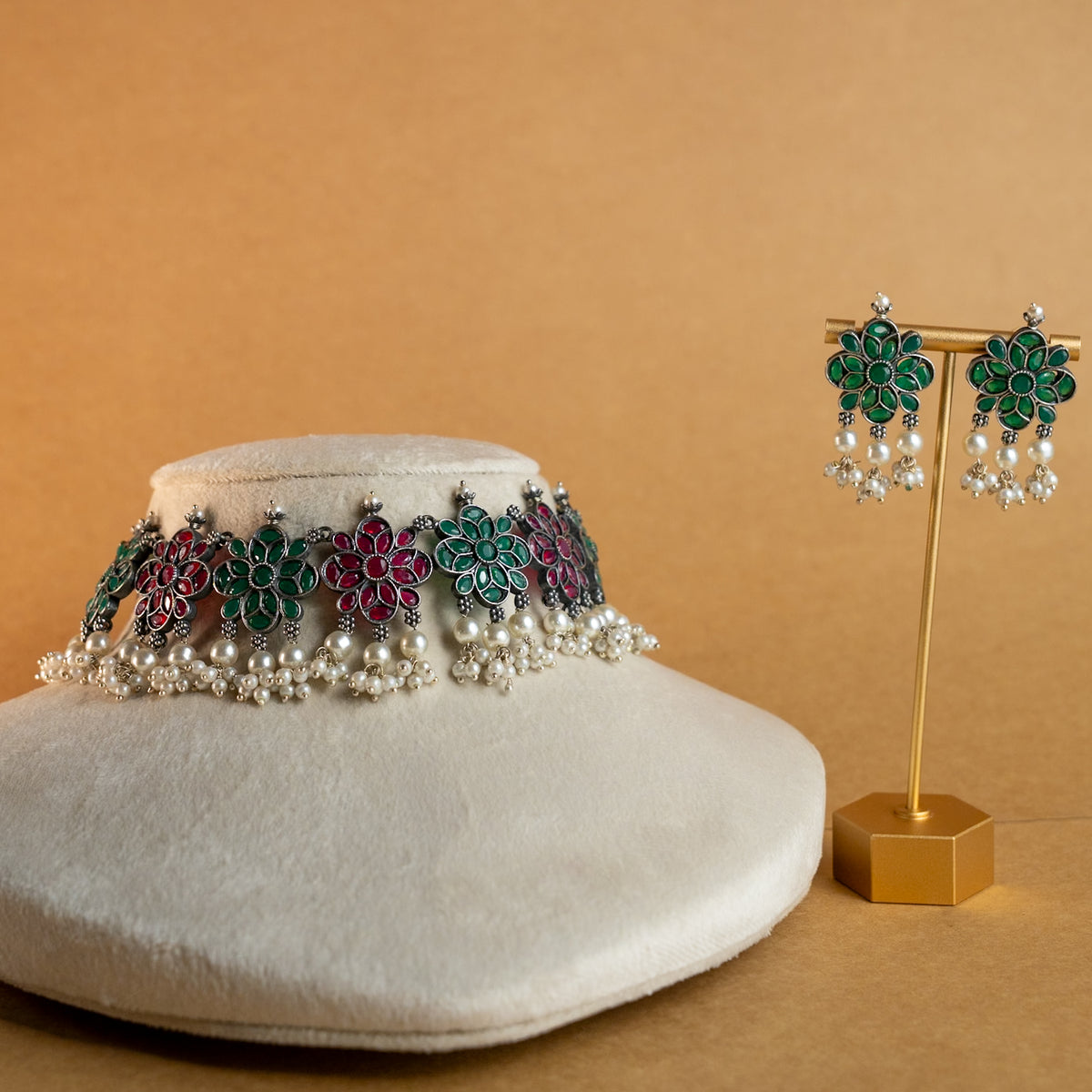 ATHENA BIJOUX PREMIUM SEMI HANDMADE ANTIQUE FAUX SILVER NECKPIECE/NECKLACE EARRINGS NL217