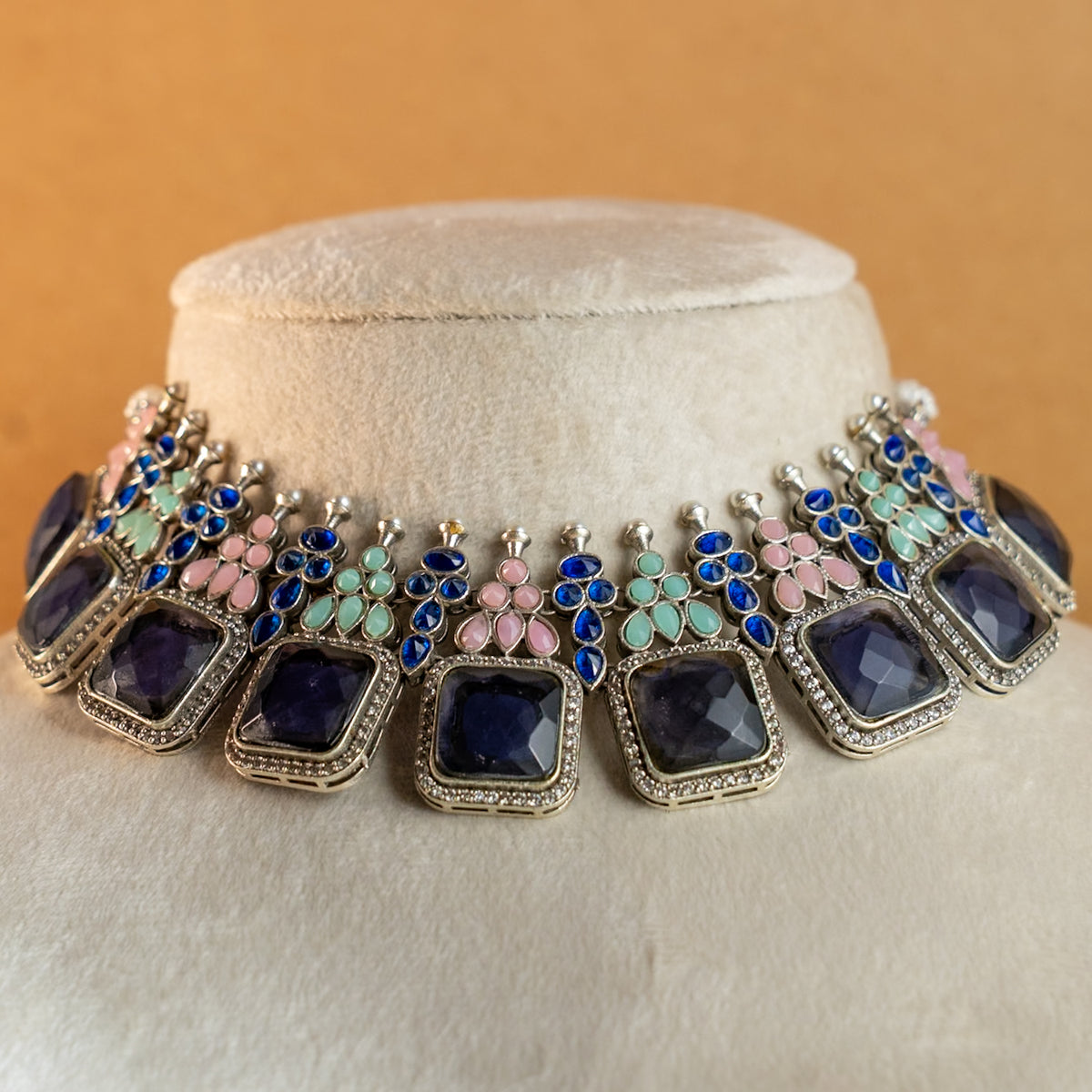 NAYANA PREMIUM FAUX SILVER SEMI HANDMADE ANTIQUE NECKPIECE/NECKLACE EARRINGS NL43