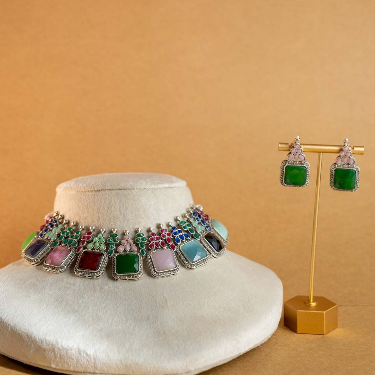 NAYANA PREMIUM FAUX SILVER SEMI HANDMADE ANTIQUE NECKPIECE/NECKLACE EARRINGS NL43