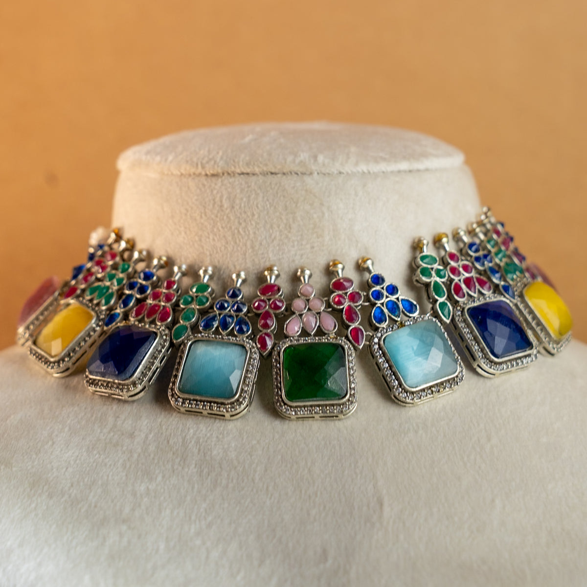 NAYANA PREMIUM FAUX SILVER SEMI HANDMADE ANTIQUE NECKPIECE/NECKLACE EARRINGS NL43