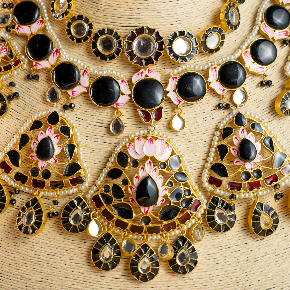 METHI SEMI HANDMADE HALDI NECKLACE WITH EARRING AND TIKKA NL53