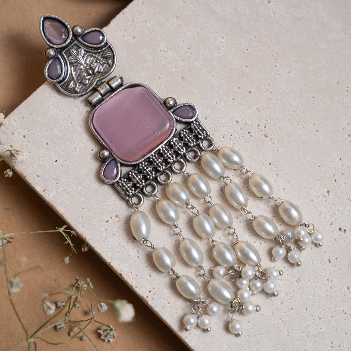 CAROLINE FAUX SILVER SEMI HANDMADE ANTIQUE EARRINGS ER870