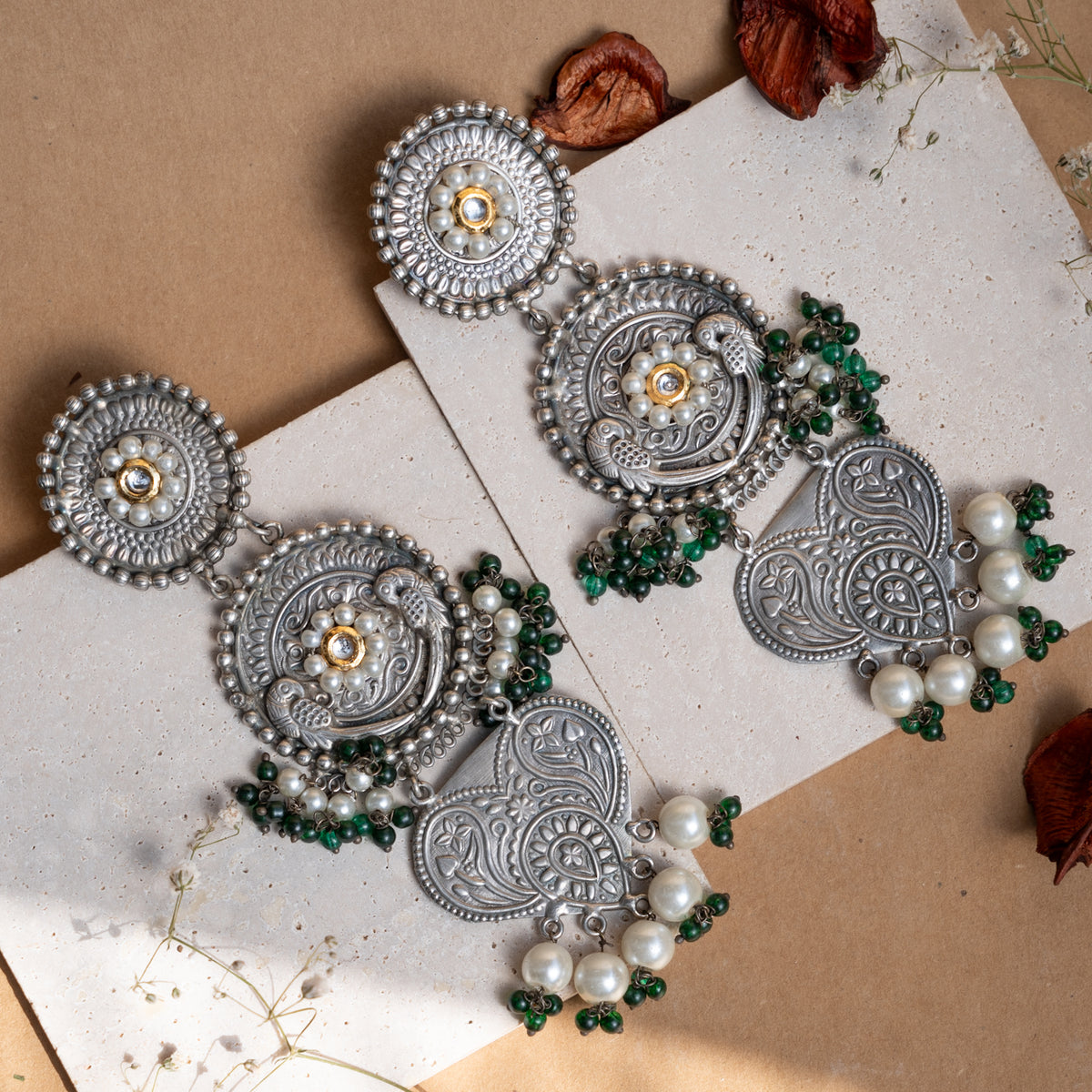 CLAIRE FAUX SILVER ANTIQUE SEMI HANDMADE EARRINGS ER850