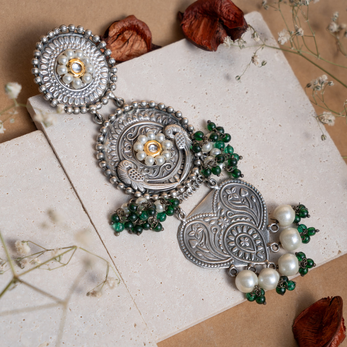 CLAIRE FAUX SILVER ANTIQUE SEMI HANDMADE EARRINGS ER850