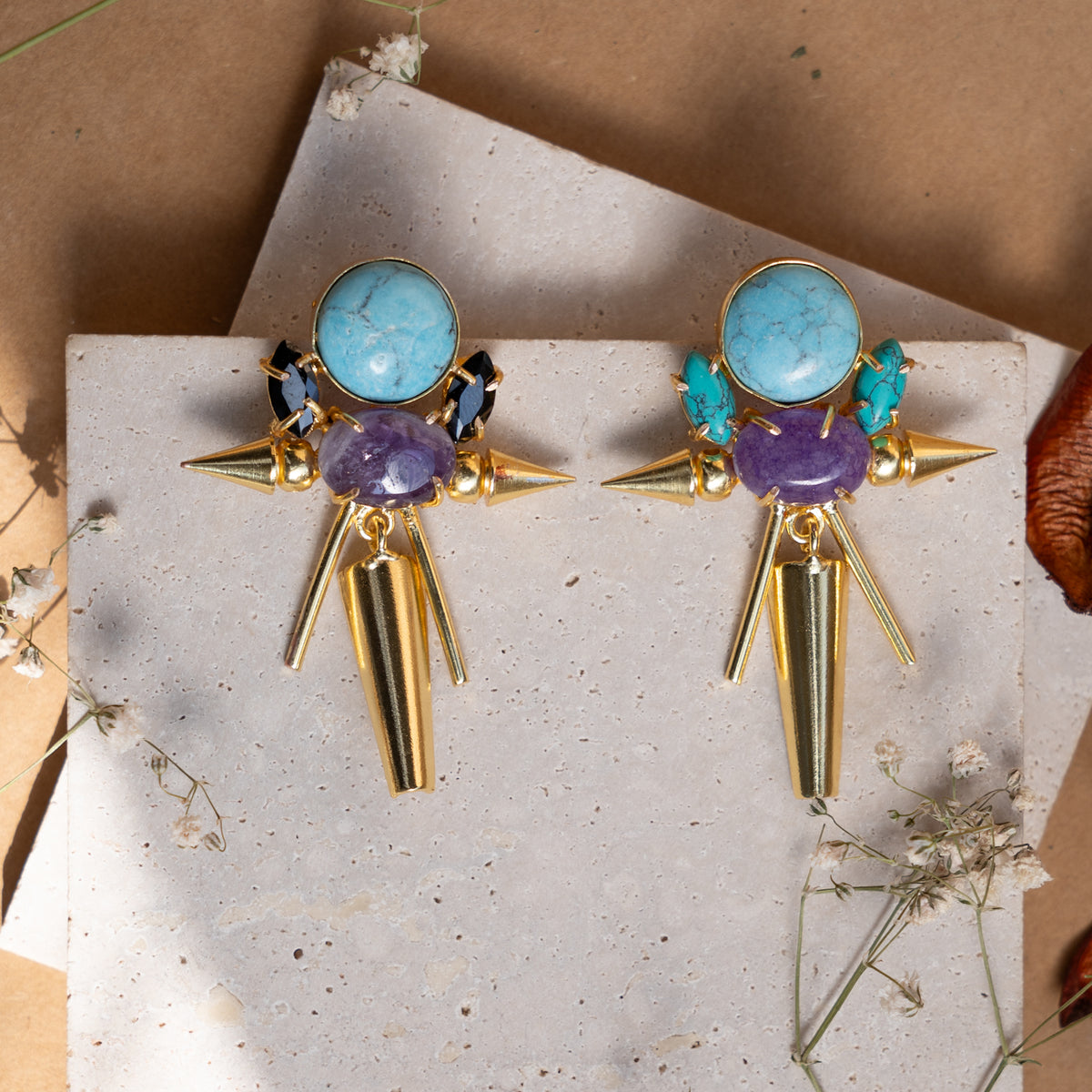 LVY HANDMADE GOLD TONED SEMI PRECIOUS STONE EARRINGS ER900