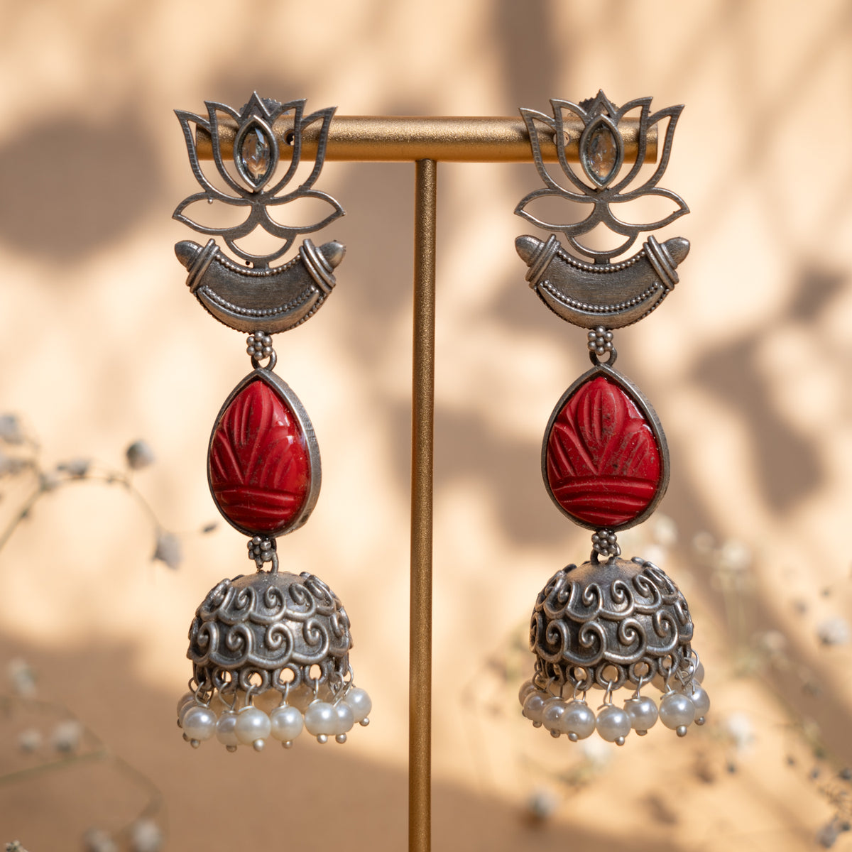 NOVA FAUX SILVER CARVING STONE ANTIQUE EARRINGS/JHUMKAS ER897