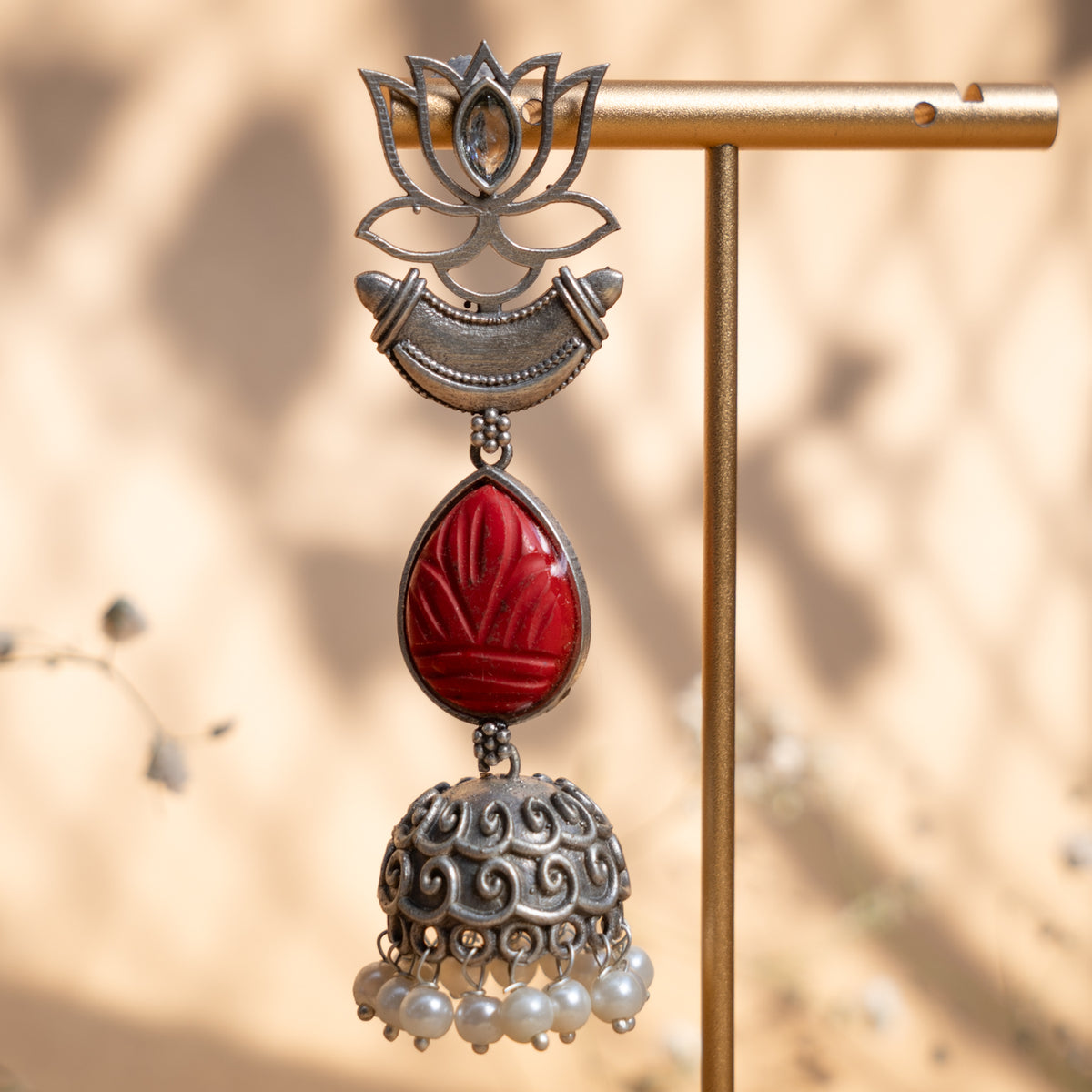 NOVA FAUX SILVER CARVING STONE ANTIQUE EARRINGS/JHUMKAS ER897